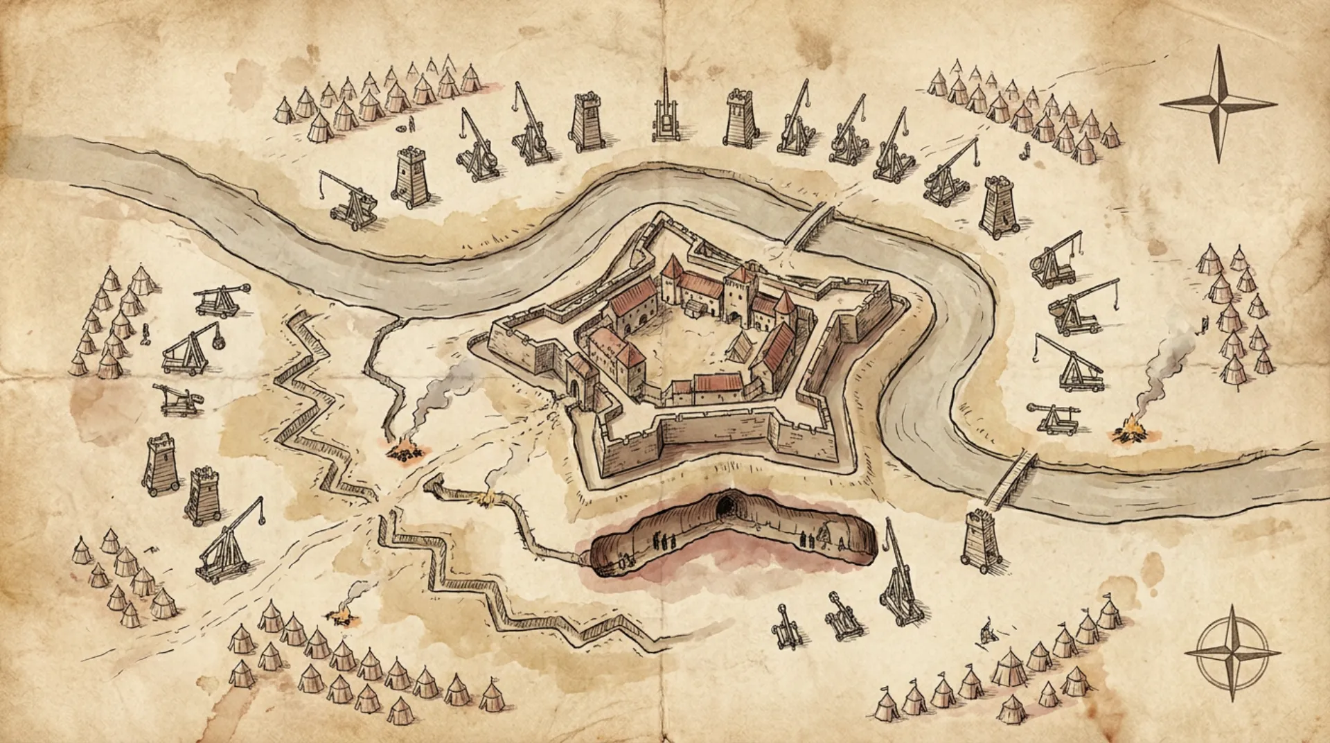 An ink-and-watercolor siege map on aged vellum: a star-shaped fortress on a river bend, ringed by trebuchets, siege towers, zigzag trenches and army tents, with a tunnel shown in cutaway beneath the wall.
