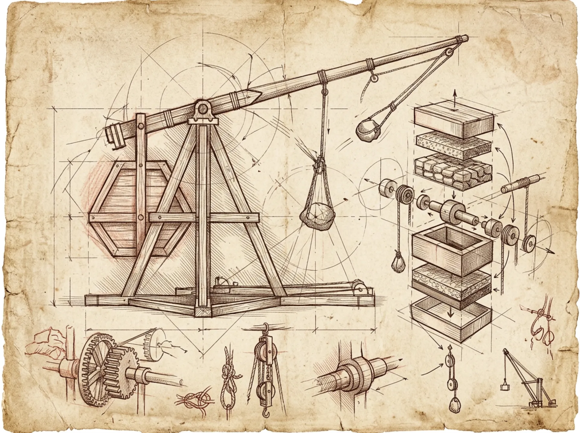A Renaissance-style engineering study of a counterweight trebuchet on parchment, with an exploded counterweight box, pulleys, gears, rope knots and a tiny crane in the margins.